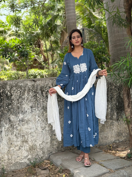 #RB026 Light Blue Cotton suit set with white patchwork