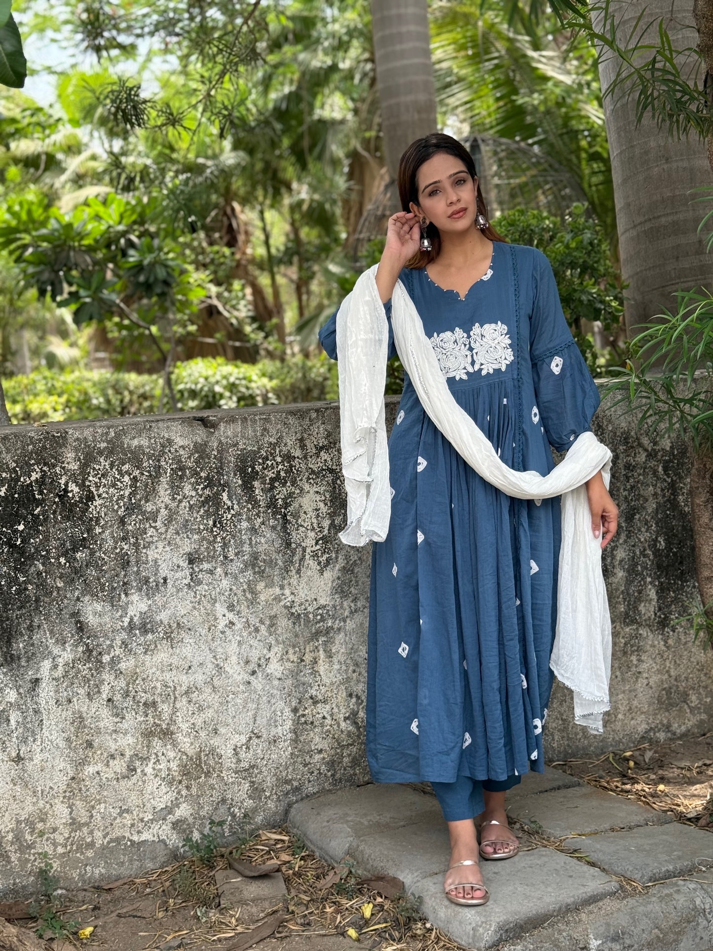 #RB026 Light Blue Cotton suit set with white patchwork