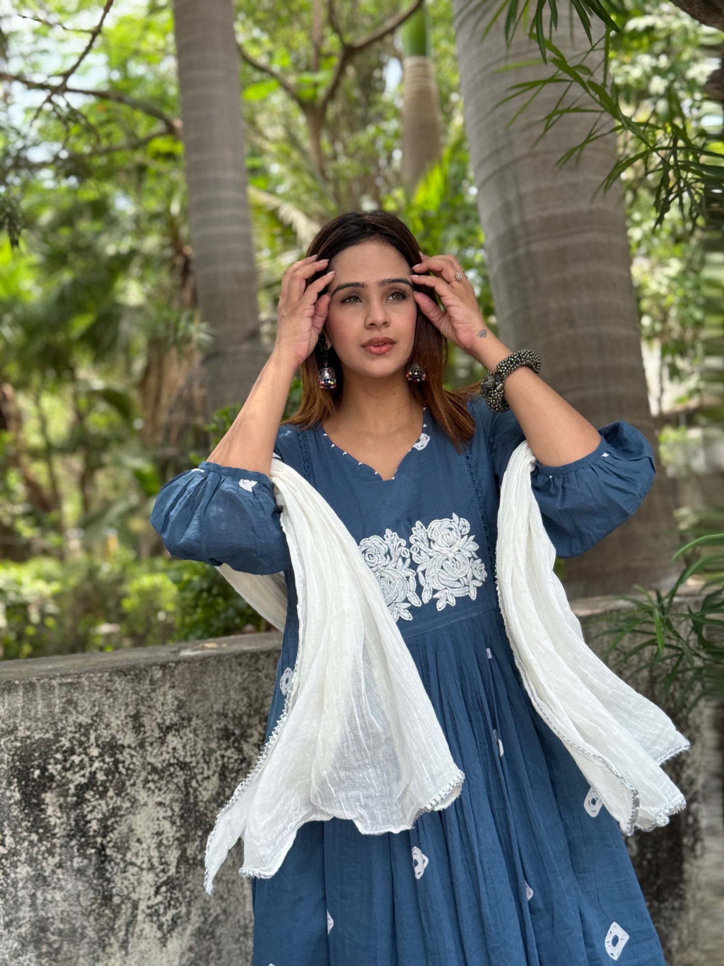 #RB026 Light Blue Cotton suit set with white patchwork