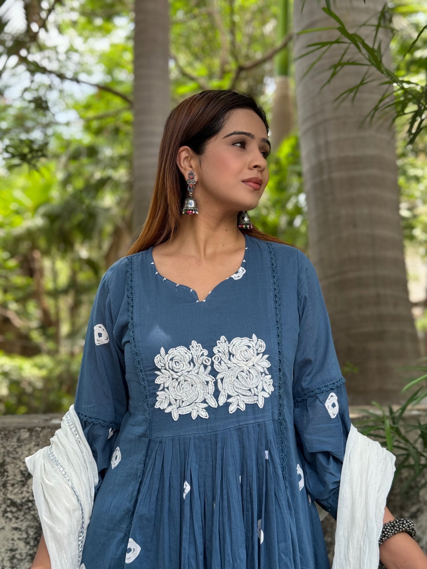 #RB026 Light Blue Cotton suit set with white patchwork