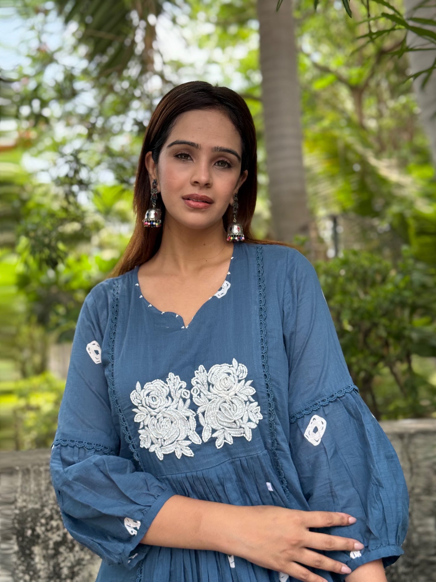 #RB026 Light Blue Cotton suit set with white patchwork